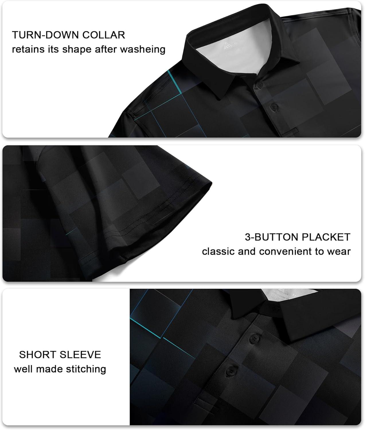 imageZITY Golf Shirts for Men Short Sleeve Print Polo Shirt Moisture Wicking Regular Fit Casual Beach PoloBlack Geometry