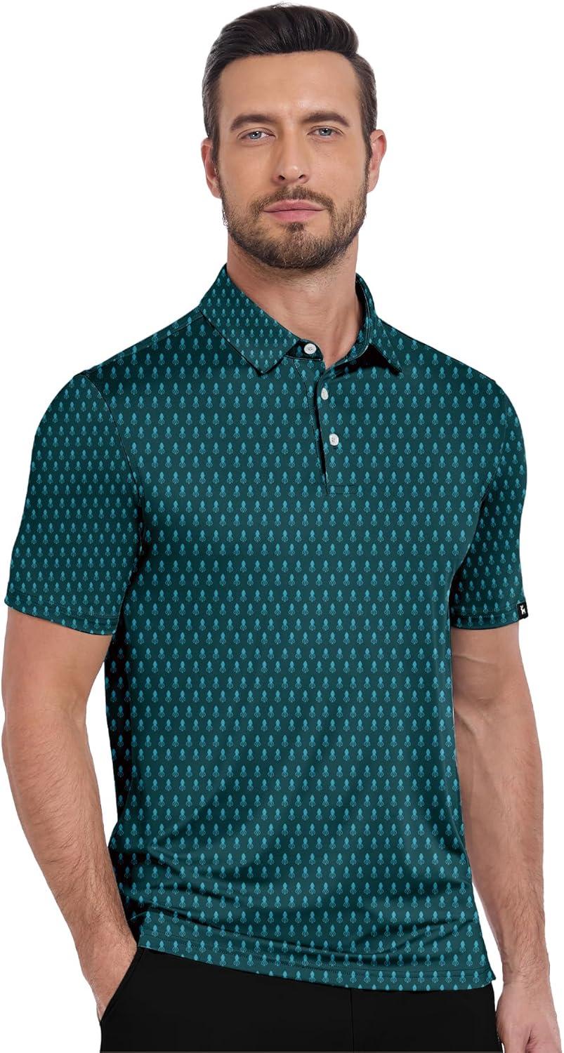 imageZITY Golf Shirts for Men Short Sleeve Print Polo Shirt Moisture Wicking Regular Fit Casual Beach PoloBluish Green Octopus