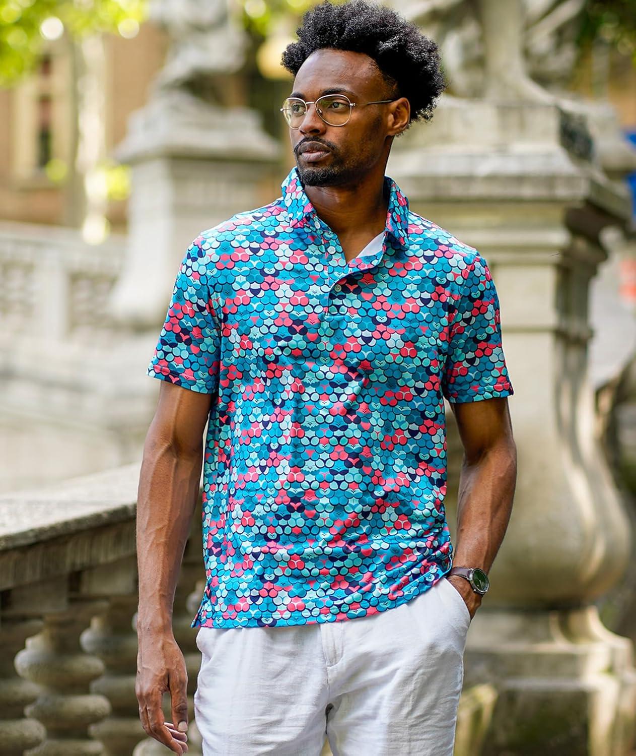 imageZITY Golf Shirts for Men Short Sleeve Print Polo Shirt Moisture Wicking Regular Fit Casual Beach PoloColored Sunglasses