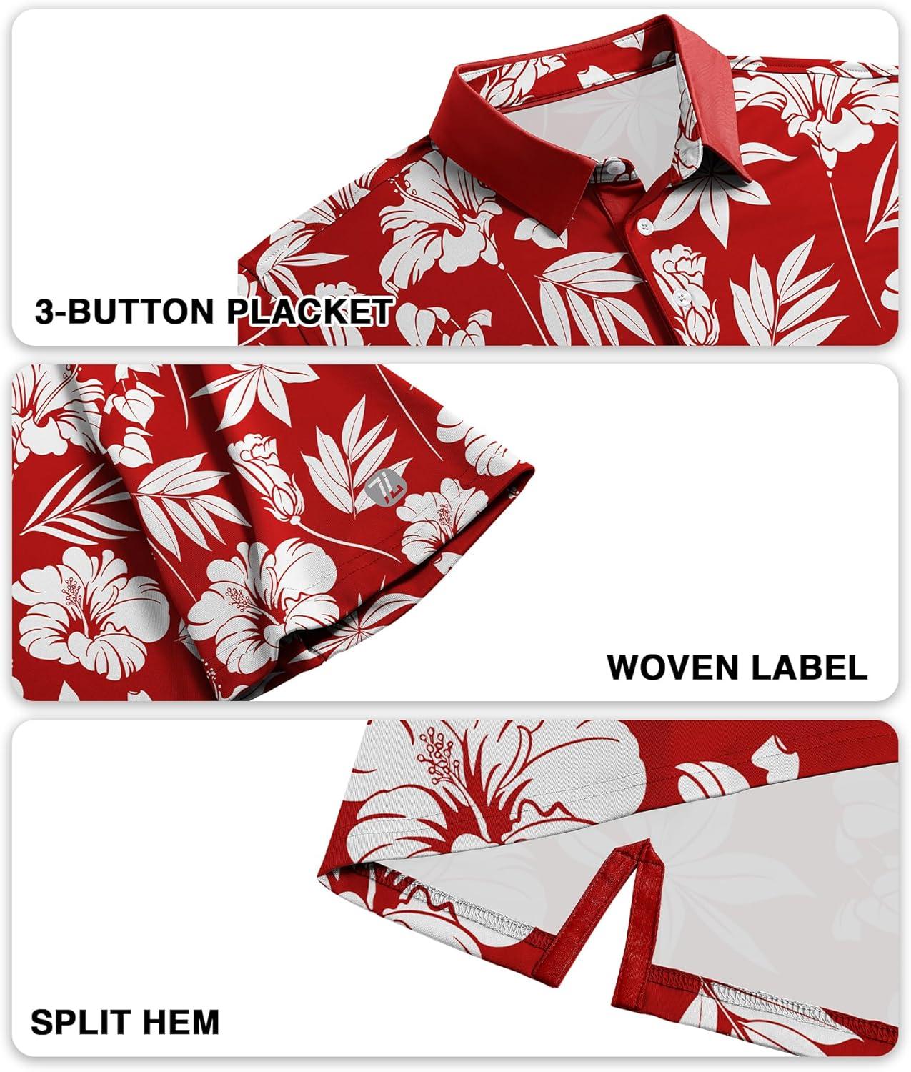 imageZITY Golf Shirts for Men Short Sleeve Print Polo Shirt Moisture Wicking Regular Fit Casual Beach PoloRed Flowers