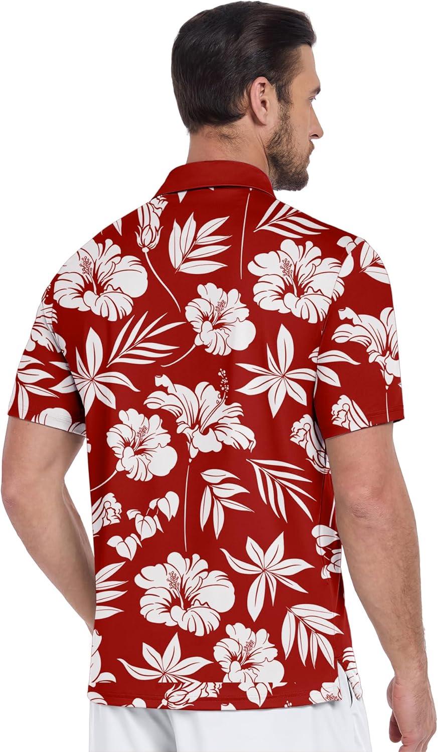 imageZITY Golf Shirts for Men Short Sleeve Print Polo Shirt Moisture Wicking Regular Fit Casual Beach PoloRed Flowers