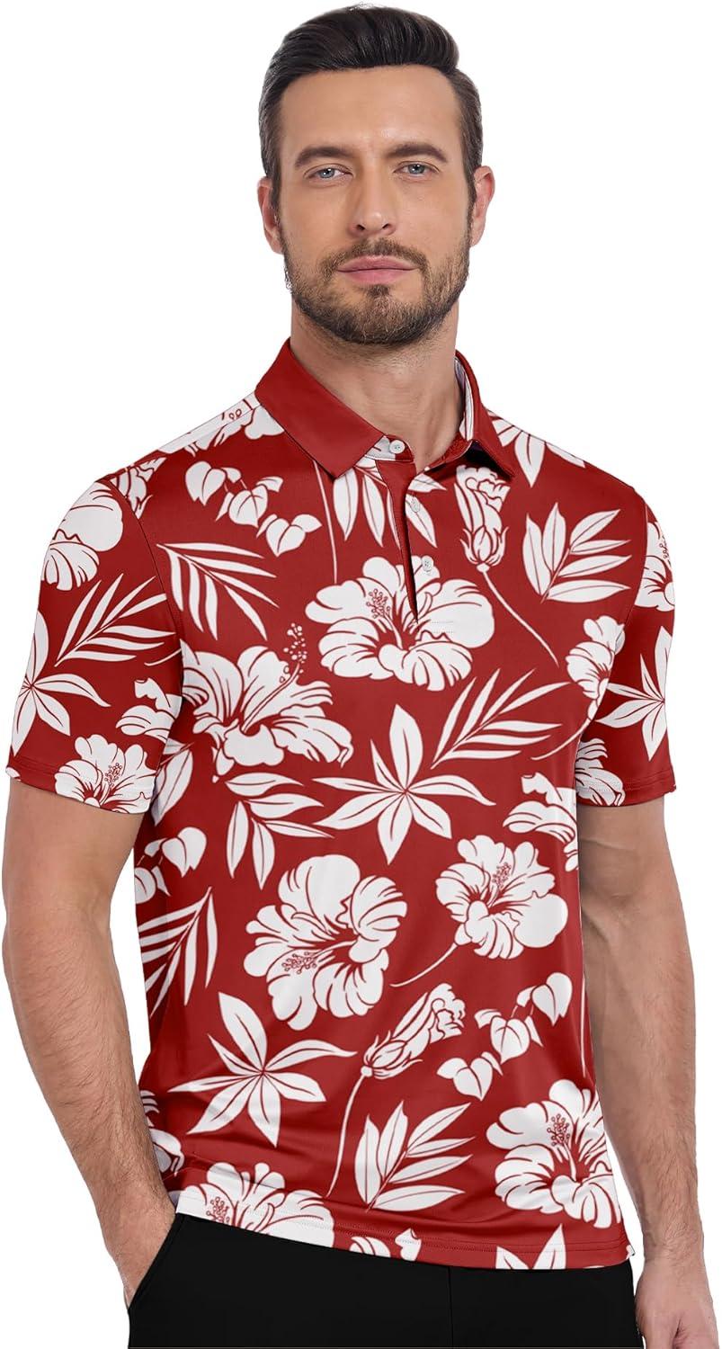 imageZITY Golf Shirts for Men Short Sleeve Print Polo Shirt Moisture Wicking Regular Fit Casual Beach PoloRed Flowers