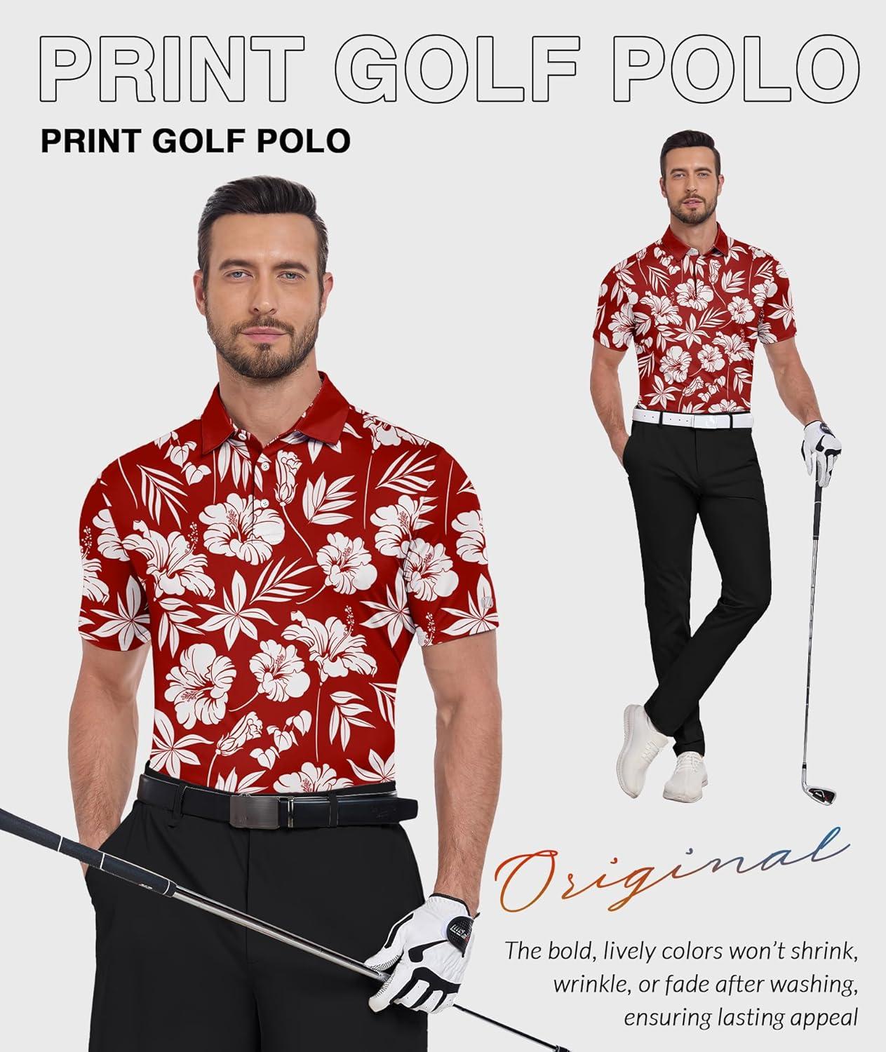 imageZITY Golf Shirts for Men Short Sleeve Print Polo Shirt Moisture Wicking Regular Fit Casual Beach PoloRed Flowers