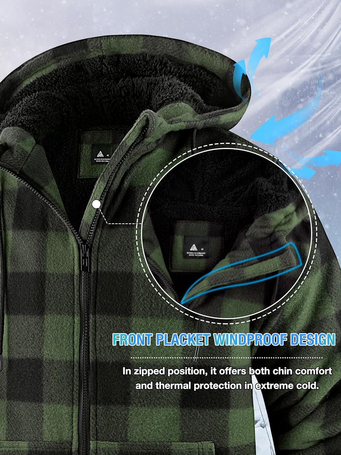 imageZITY Hoodies for Men Flannel Fleece Sweatshirt Plaid Full Zip Up Jacket Sherpa Lined Winter Warm CoatDark Green