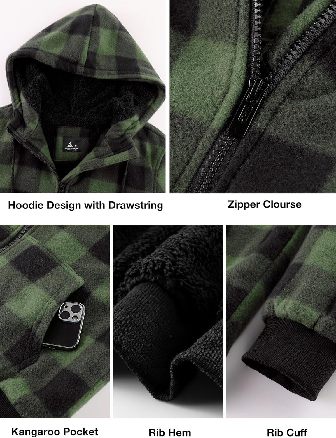 imageZITY Hoodies for Men Flannel Fleece Sweatshirt Plaid Full Zip Up Jacket Sherpa Lined Winter Warm CoatDark Green