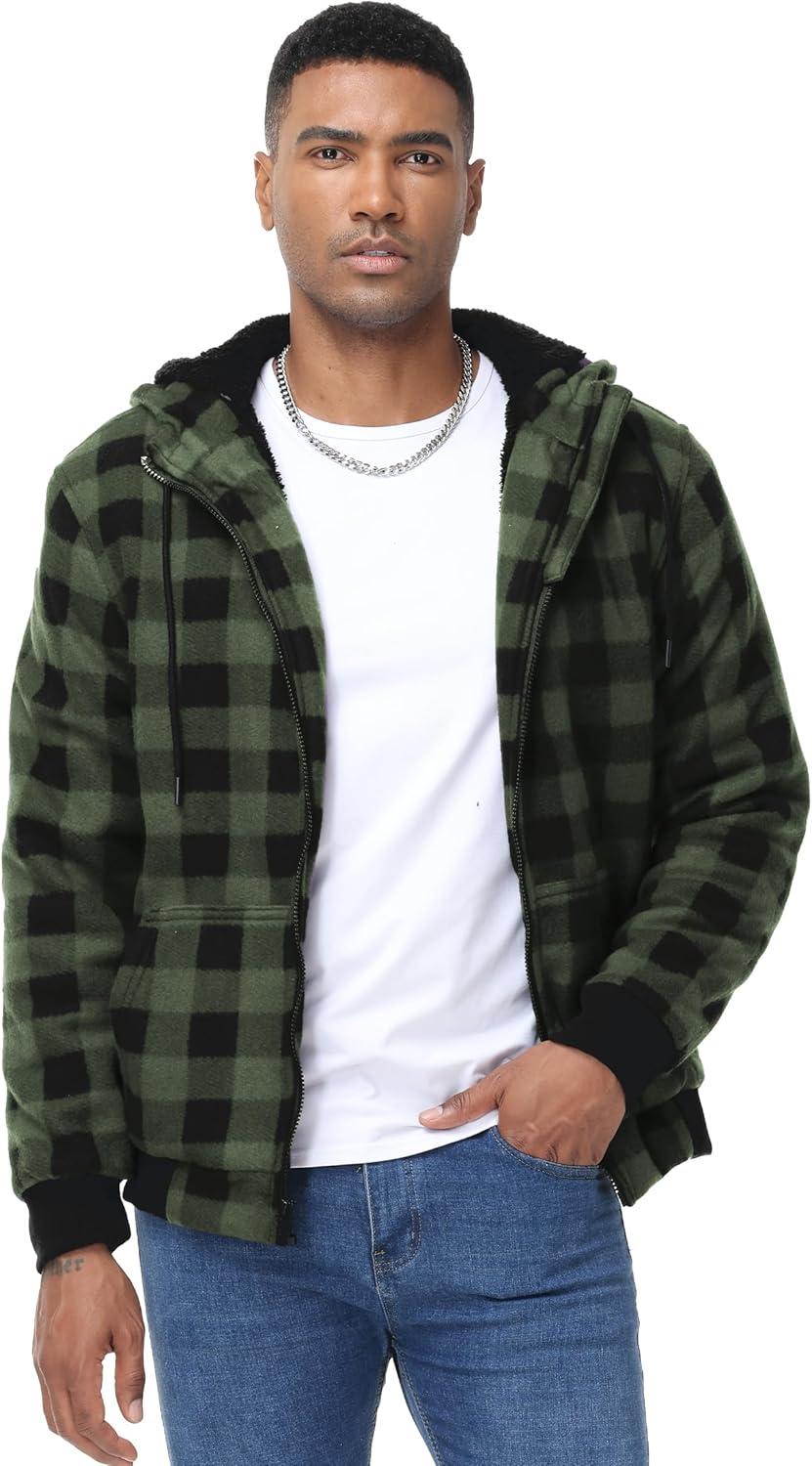 imageZITY Hoodies for Men Flannel Fleece Sweatshirt Plaid Full Zip Up Jacket Sherpa Lined Winter Warm CoatDark Green