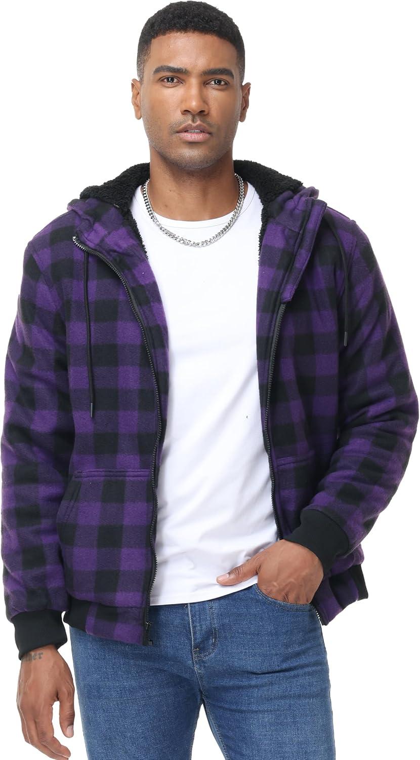 imageZITY Hoodies for Men Flannel Fleece Sweatshirt Plaid Full Zip Up Jacket Sherpa Lined Winter Warm CoatPurple