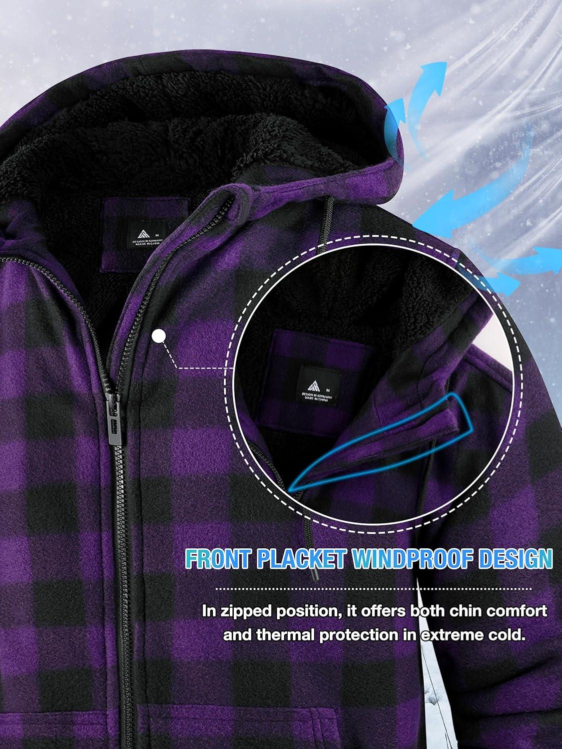 imageZITY Hoodies for Men Flannel Fleece Sweatshirt Plaid Full Zip Up Jacket Sherpa Lined Winter Warm CoatPurple