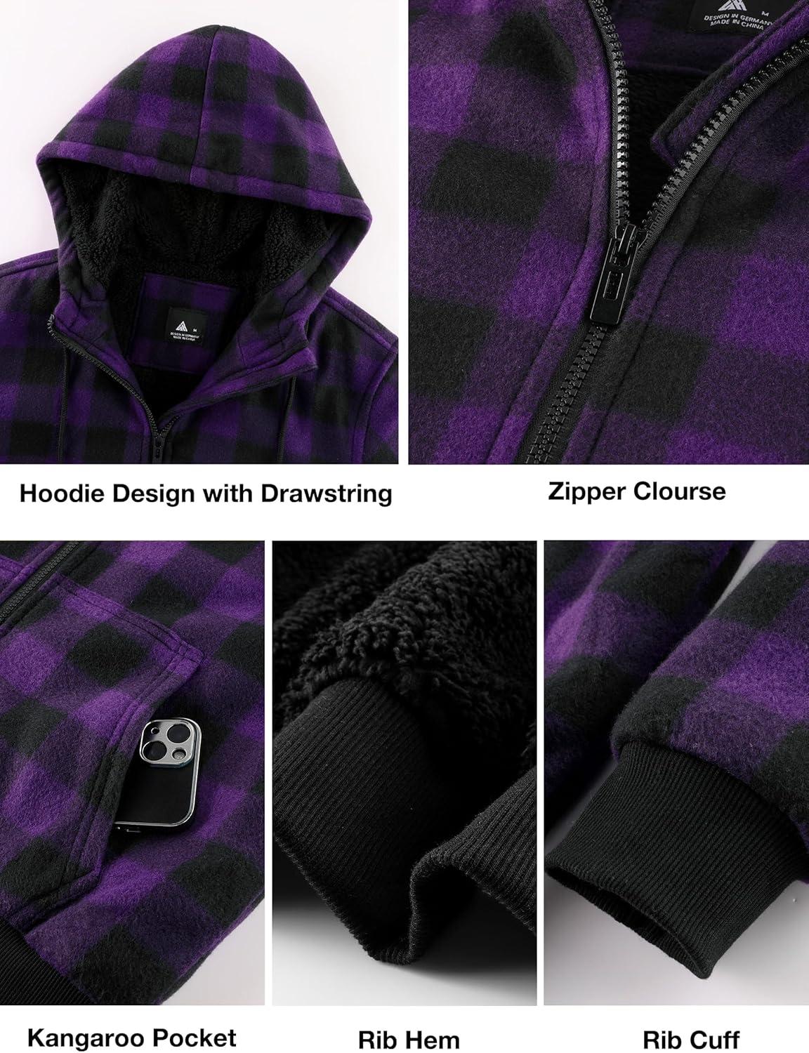 imageZITY Hoodies for Men Flannel Fleece Sweatshirt Plaid Full Zip Up Jacket Sherpa Lined Winter Warm CoatPurple