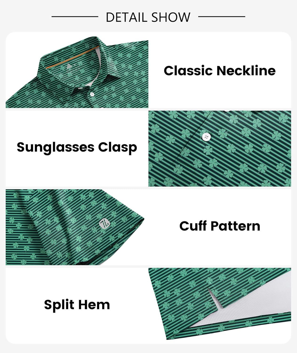 imageZITY Men Golf Polo Shirts Short Sleeve Striped UPF 50 Moisture Wicking Casual Collared Print TShirt for MenA Fourleaf Clover Striped