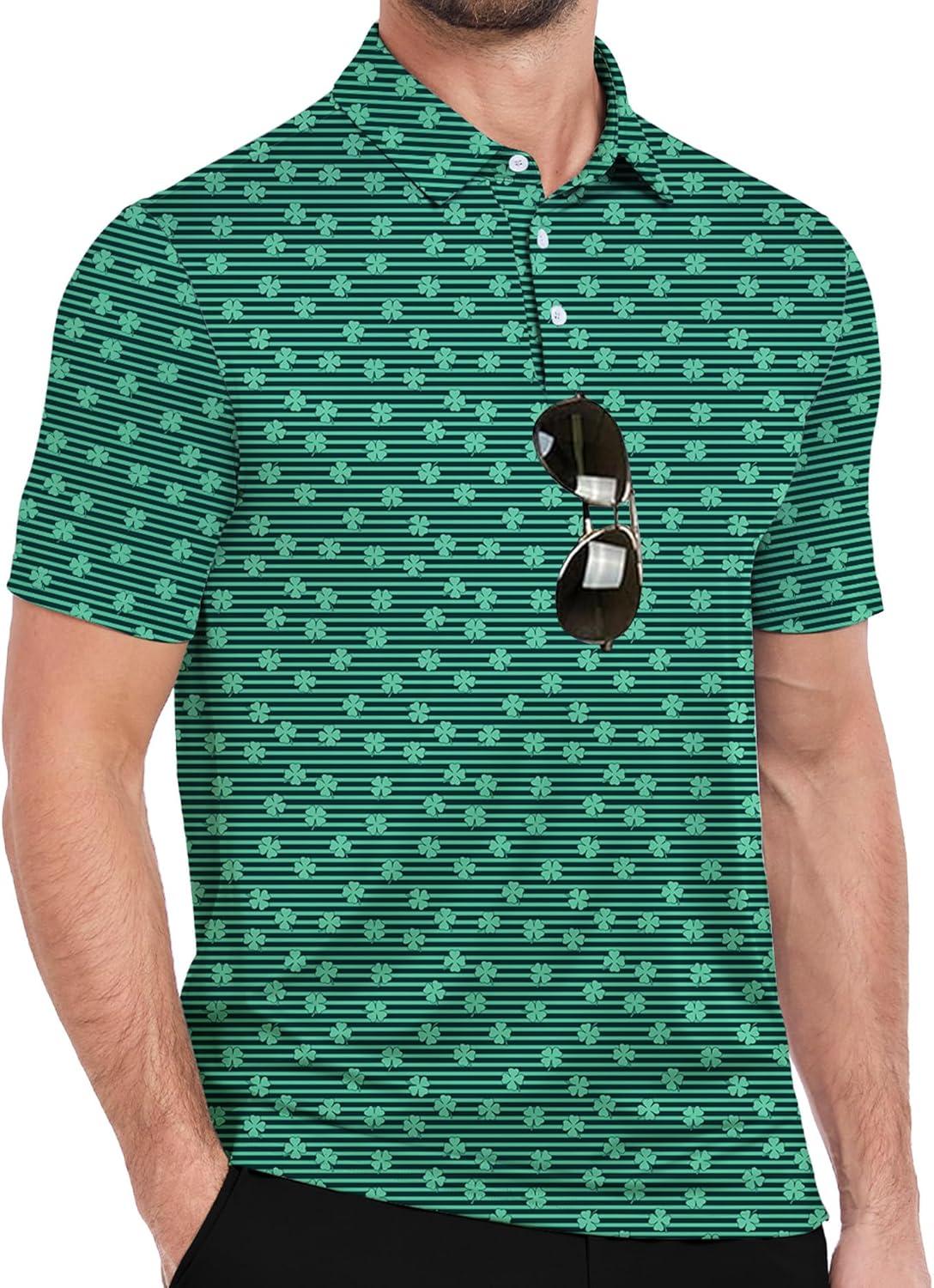 imageZITY Men Golf Polo Shirts Short Sleeve Striped UPF 50 Moisture Wicking Casual Collared Print TShirt for MenA Fourleaf Clover Striped