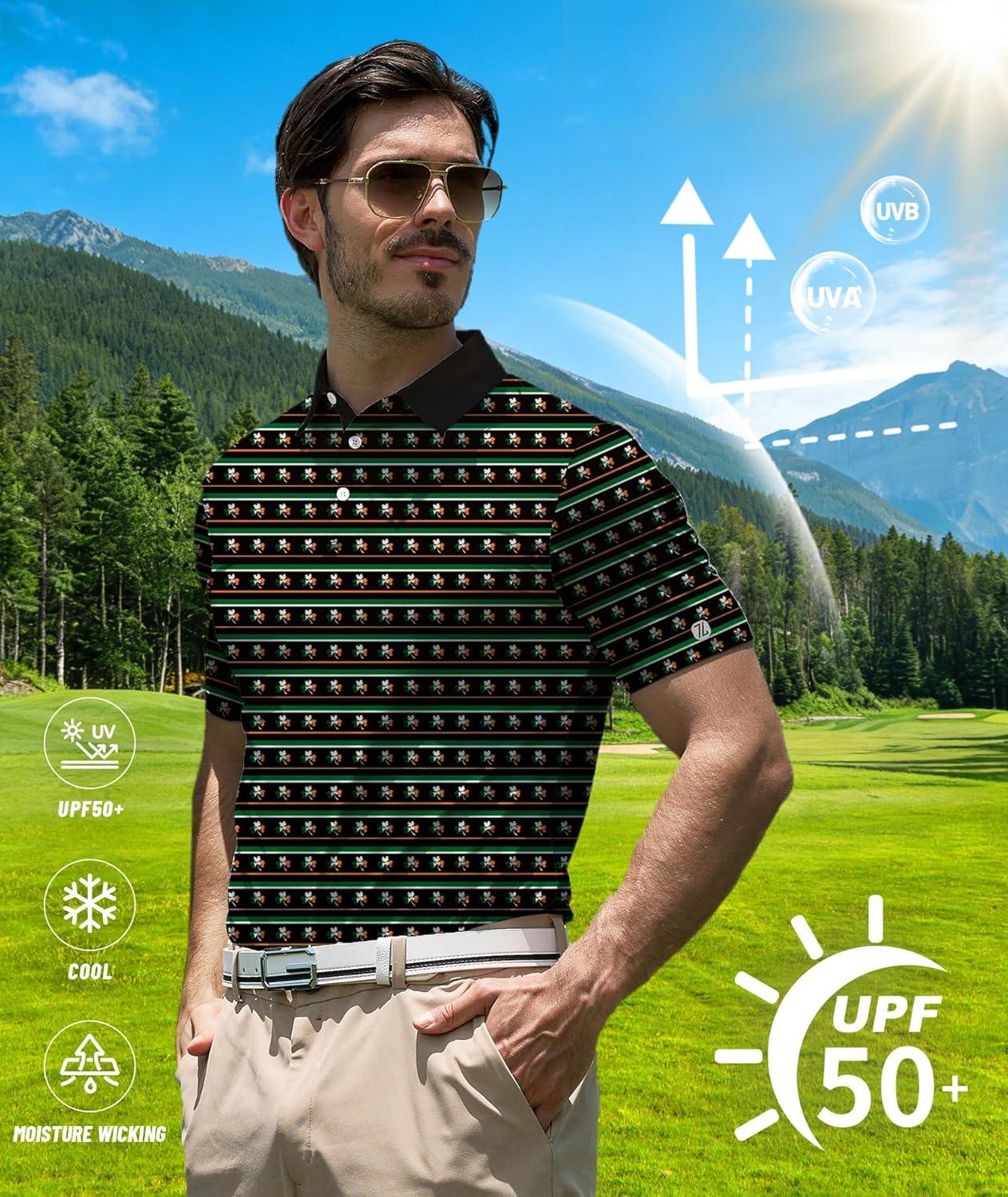 imageZITY Men Golf Polo Shirts Short Sleeve Striped UPF 50 Moisture Wicking Casual Collared Print TShirt for MenA Green Fourleaf Striped