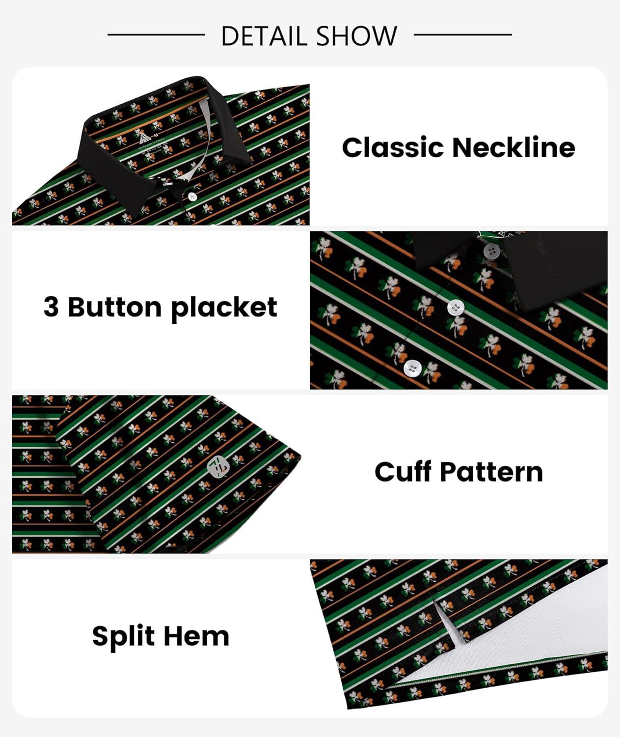 imageZITY Men Golf Polo Shirts Short Sleeve Striped UPF 50 Moisture Wicking Casual Collared Print TShirt for MenA Green Fourleaf Striped