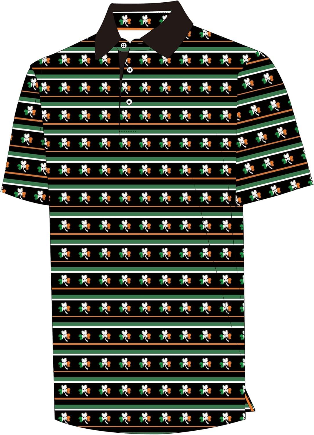 imageZITY Men Golf Polo Shirts Short Sleeve Striped UPF 50 Moisture Wicking Casual Collared Print TShirt for MenA Green Fourleaf Striped