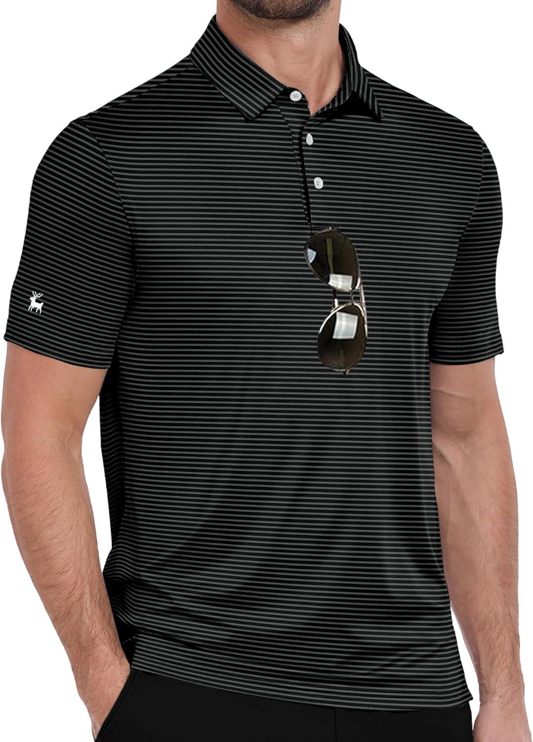 imageZITY Men Golf Polo Shirts Short Sleeve Striped UPF 50 Moisture Wicking Casual Collared Print TShirt for MenBlack Grey Striped
