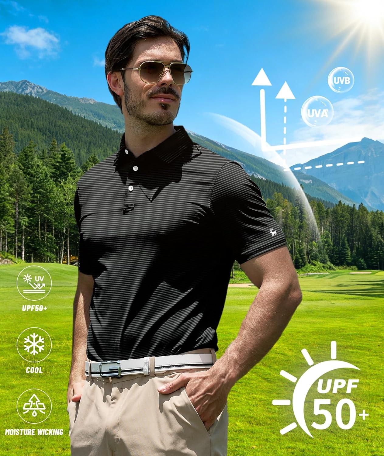 imageZITY Men Golf Polo Shirts Short Sleeve Striped UPF 50 Moisture Wicking Casual Collared Print TShirt for MenBlack Grey Striped