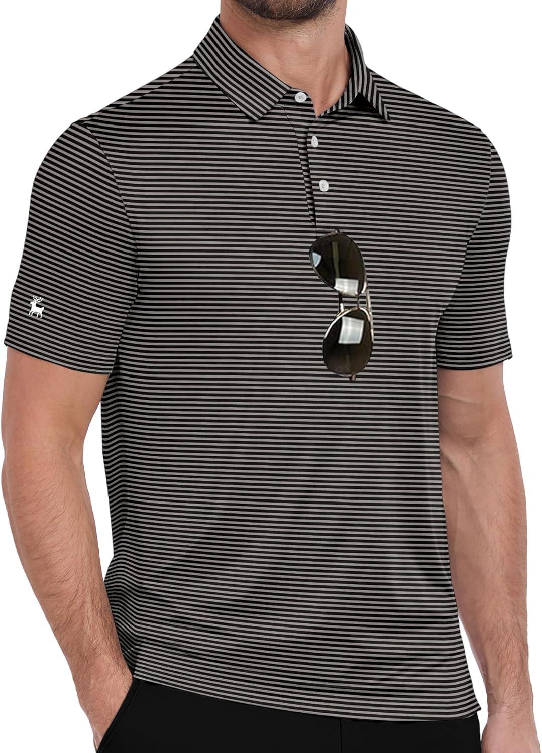 imageZITY Men Golf Polo Shirts Short Sleeve Striped UPF 50 Moisture Wicking Casual Collared Print TShirt for MenBlack Striped