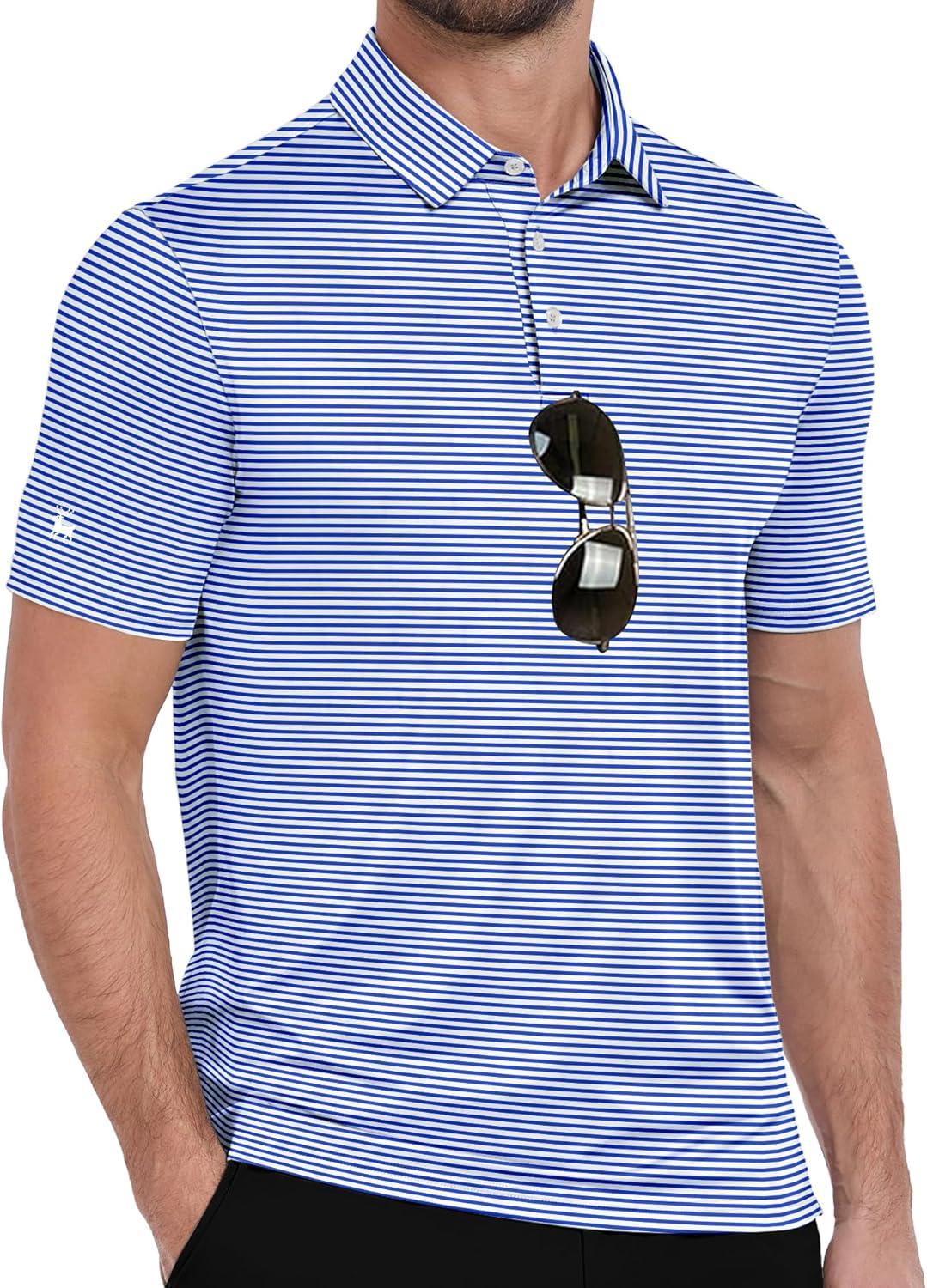 imageZITY Men Golf Polo Shirts Short Sleeve Striped UPF 50 Moisture Wicking Casual Collared Print TShirt for MenBlue Striped
