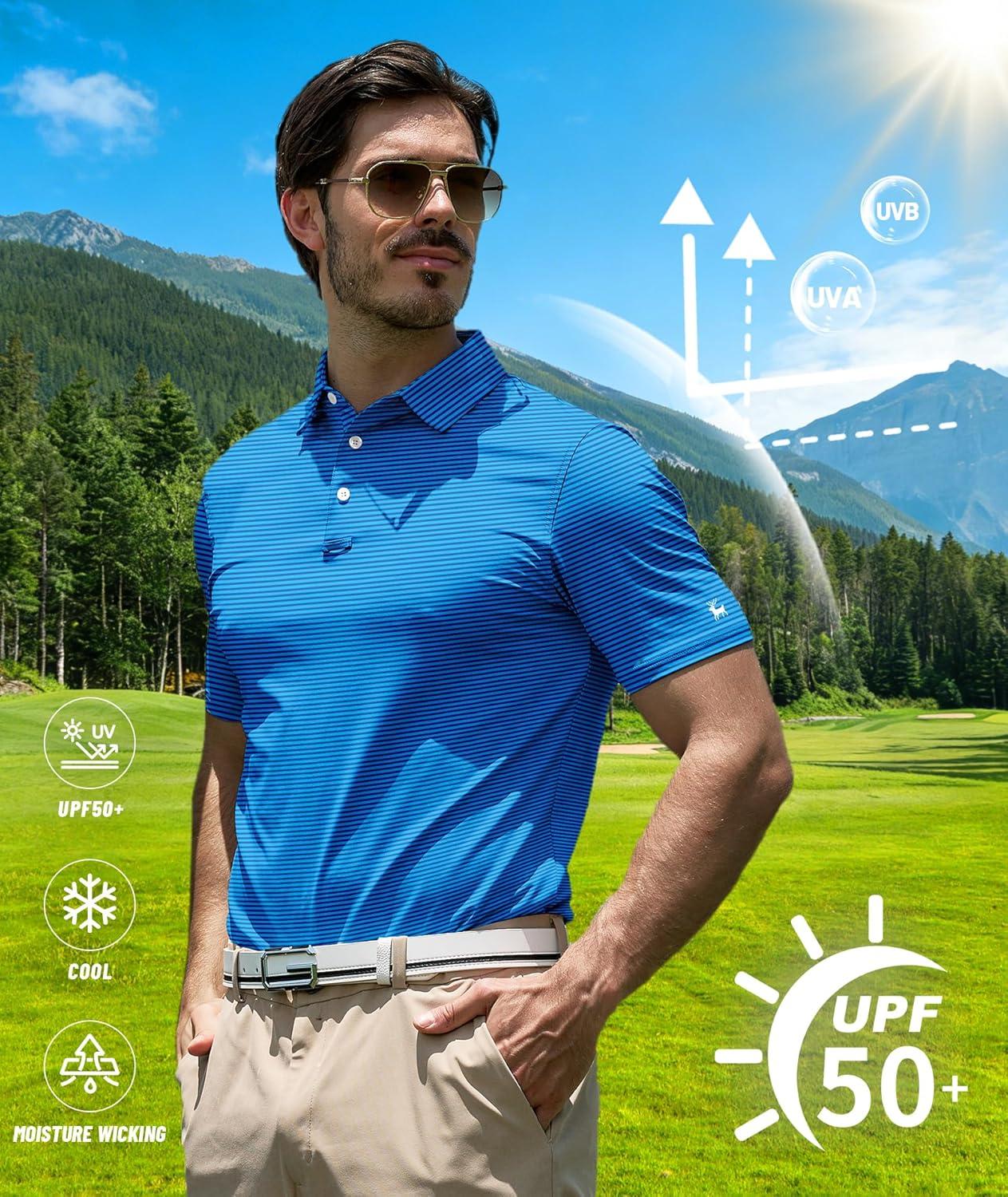 imageZITY Men Golf Polo Shirts Short Sleeve Striped UPF 50 Moisture Wicking Casual Collared Print TShirt for MenDark Blue Striped