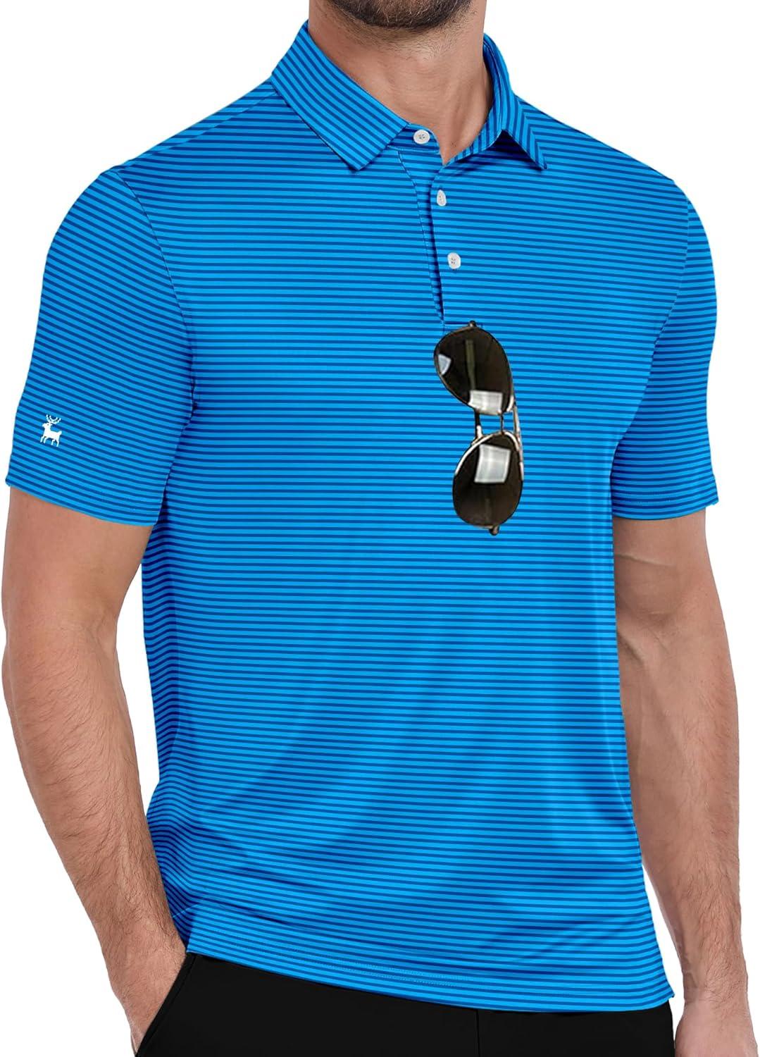 imageZITY Men Golf Polo Shirts Short Sleeve Striped UPF 50 Moisture Wicking Casual Collared Print TShirt for MenDark Blue Striped
