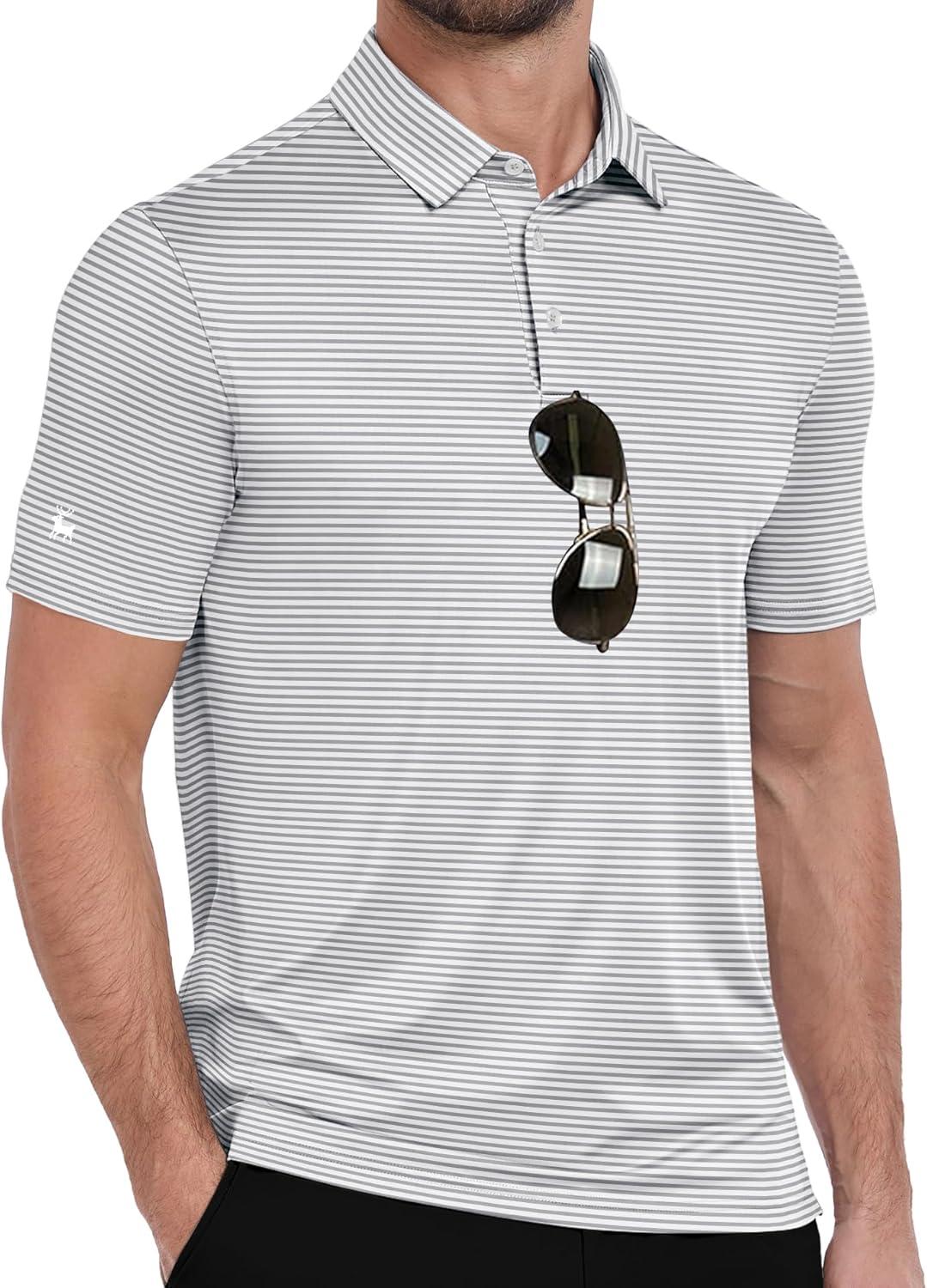 imageZITY Men Golf Polo Shirts Short Sleeve Striped UPF 50 Moisture Wicking Casual Collared Print TShirt for MenGray White Striped