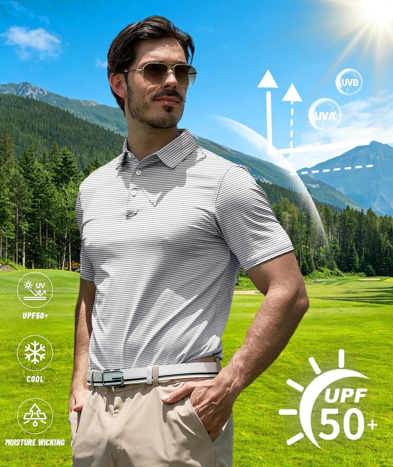 imageZITY Men Golf Polo Shirts Short Sleeve Striped UPF 50 Moisture Wicking Casual Collared Print TShirt for MenGray White Striped