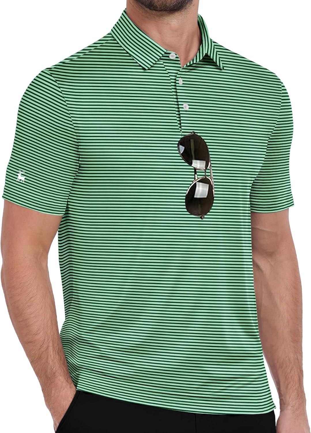 imageZITY Men Golf Polo Shirts Short Sleeve Striped UPF 50 Moisture Wicking Casual Collared Print TShirt for MenLight Green Striped