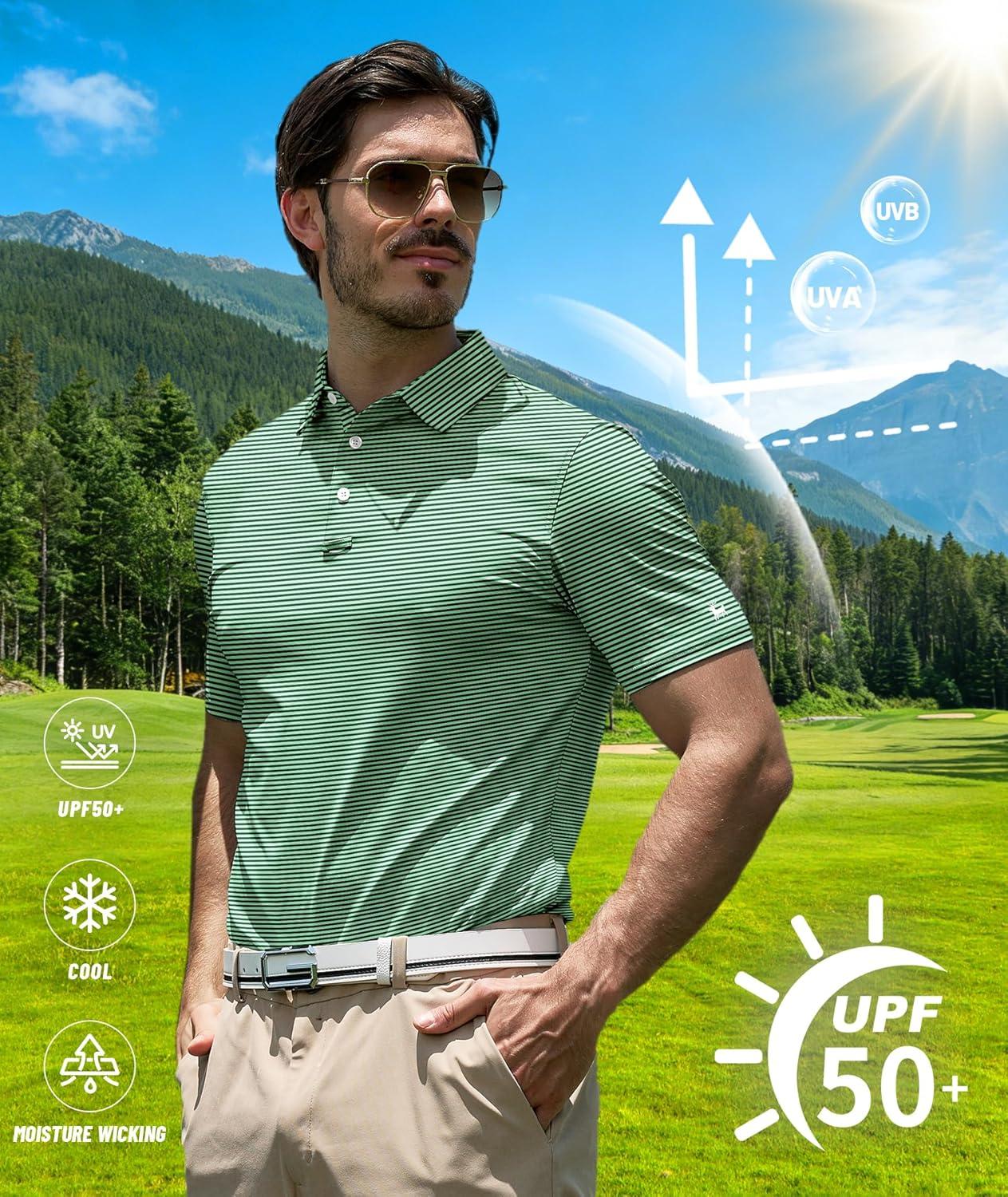 imageZITY Men Golf Polo Shirts Short Sleeve Striped UPF 50 Moisture Wicking Casual Collared Print TShirt for MenLight Green Striped