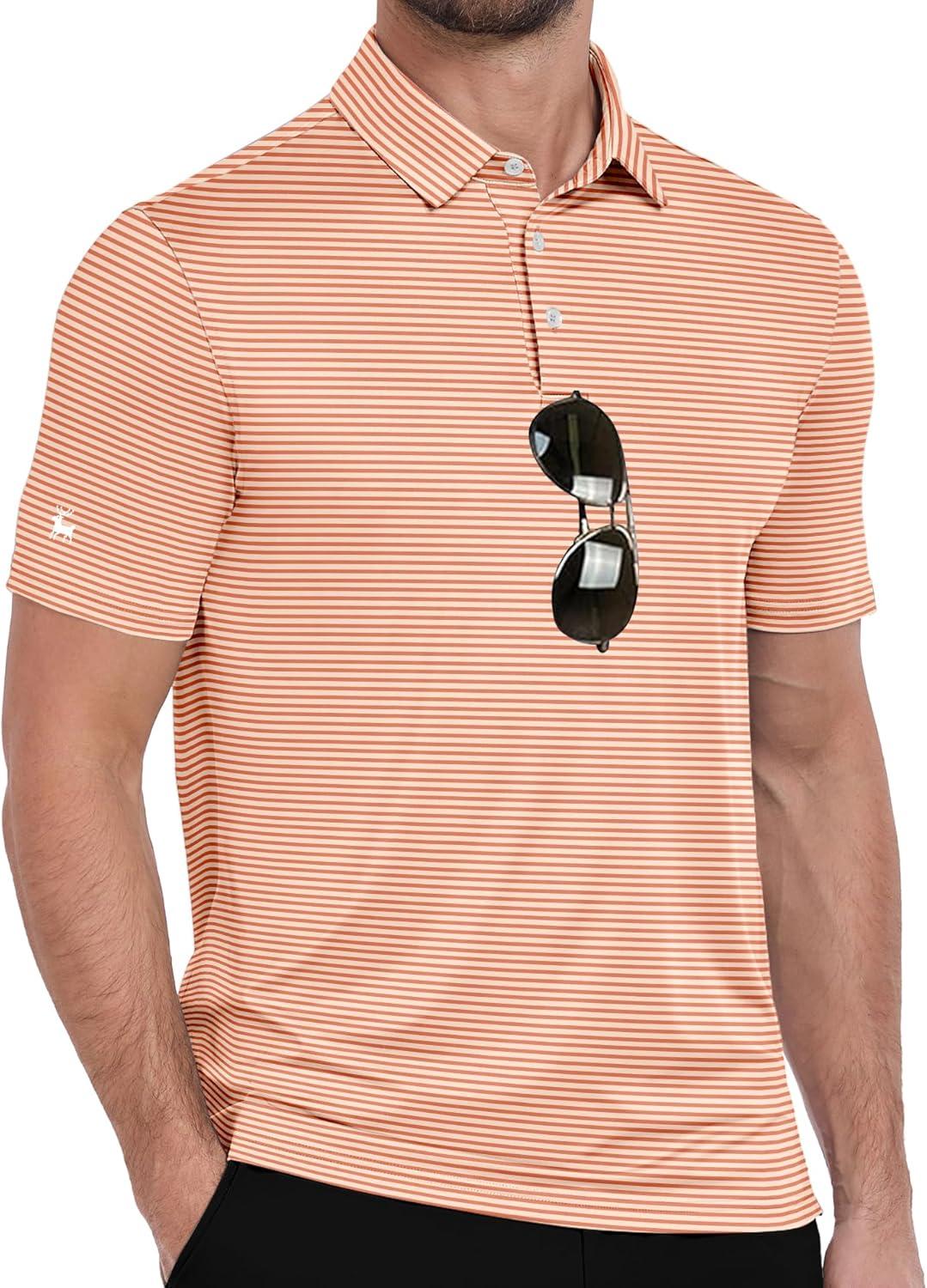 imageZITY Men Golf Polo Shirts Short Sleeve Striped UPF 50 Moisture Wicking Casual Collared Print TShirt for MenOrange Striped