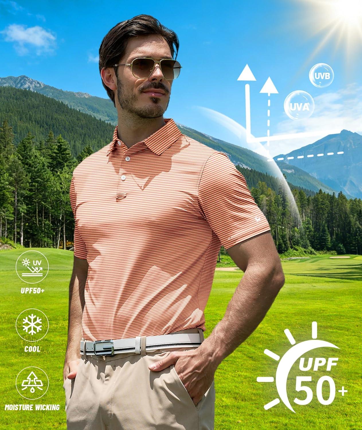 imageZITY Men Golf Polo Shirts Short Sleeve Striped UPF 50 Moisture Wicking Casual Collared Print TShirt for MenOrange Striped