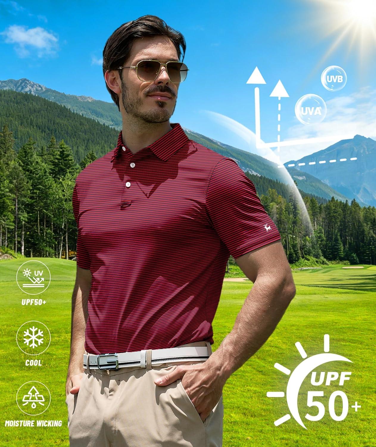 imageZITY Men Golf Polo Shirts Short Sleeve Striped UPF 50 Moisture Wicking Casual Collared Print TShirt for MenRed Striped