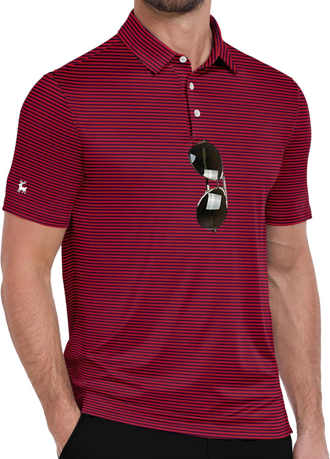 imageZITY Men Golf Polo Shirts Short Sleeve Striped UPF 50 Moisture Wicking Casual Collared Print TShirt for MenRed Striped