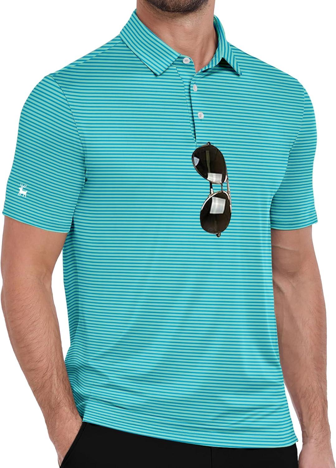 imageZITY Men Golf Polo Shirts Short Sleeve Striped UPF 50 Moisture Wicking Casual Collared Print TShirt for MenSea Blue Striped