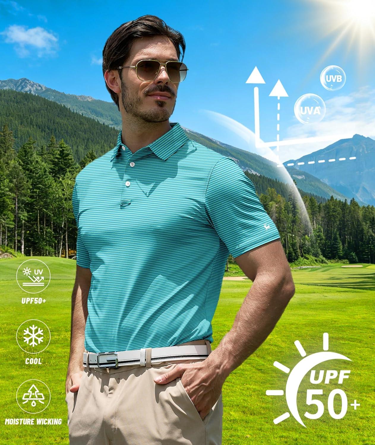 imageZITY Men Golf Polo Shirts Short Sleeve Striped UPF 50 Moisture Wicking Casual Collared Print TShirt for MenSea Blue Striped