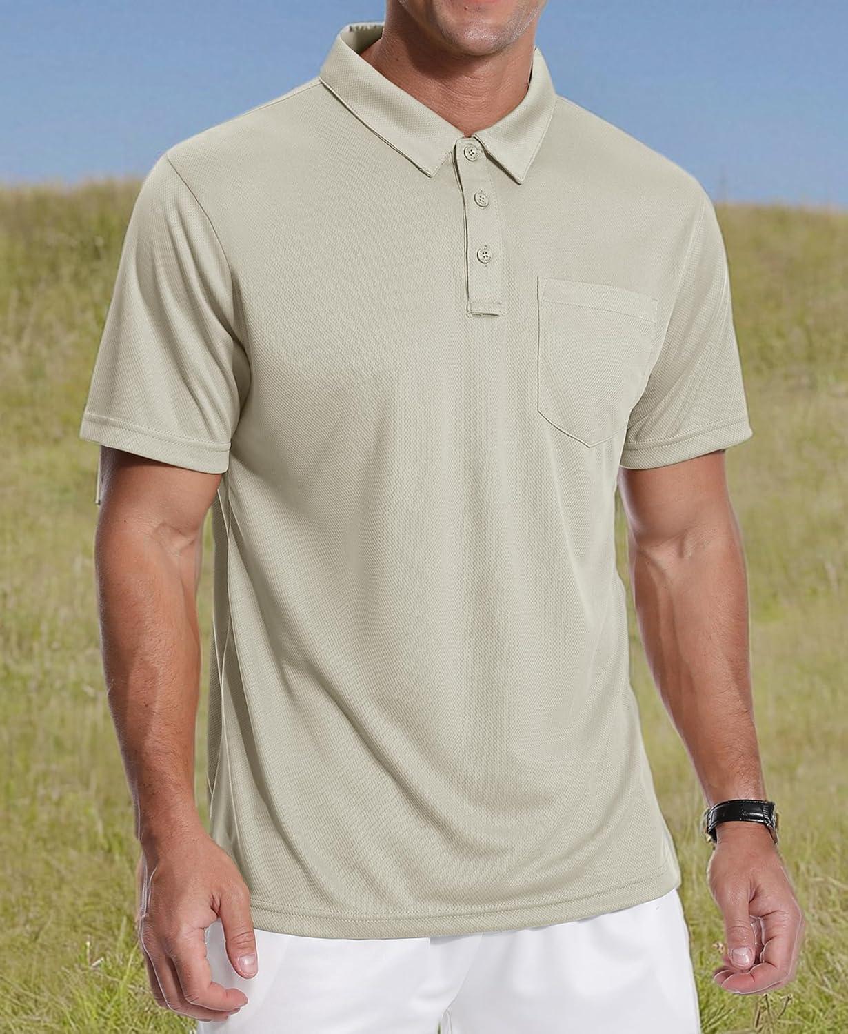 imageZITY Mens 3 Pack Polo Shirts Short Sleeve with Pocket Moisture Wicking Casual Work Golf Lightweight Collared TShirtsApricotarmy Greenblack