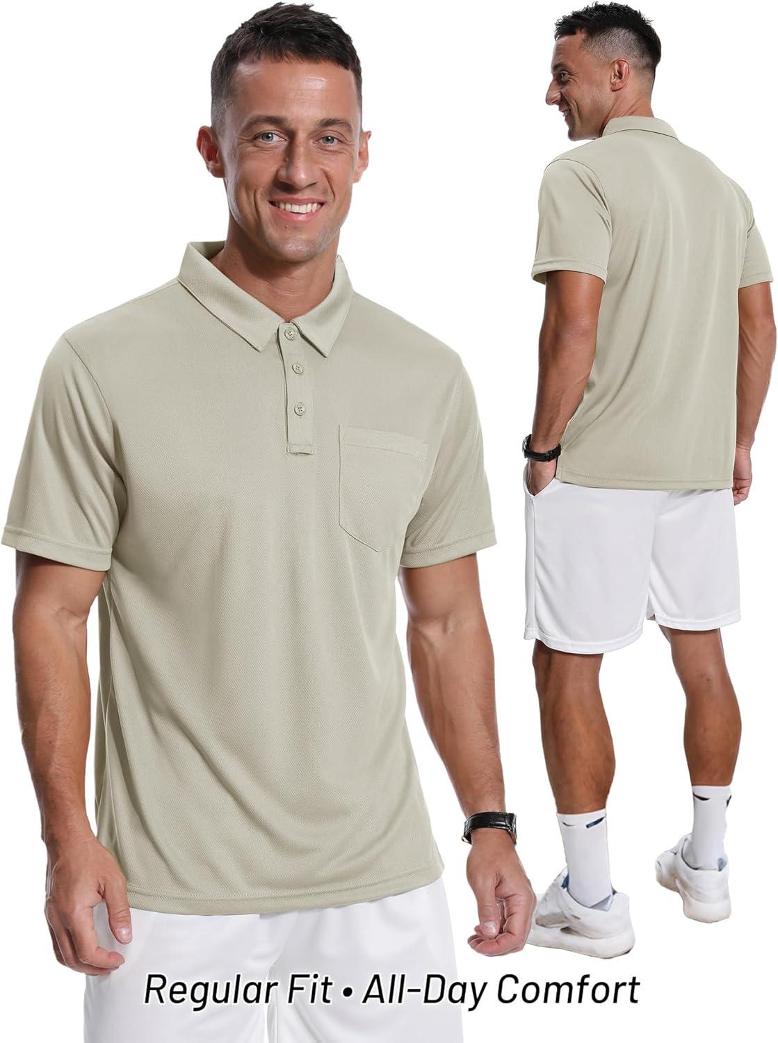 imageZITY Mens 3 Pack Polo Shirts Short Sleeve with Pocket Moisture Wicking Casual Work Golf Lightweight Collared TShirtsApricotarmy Greenblack