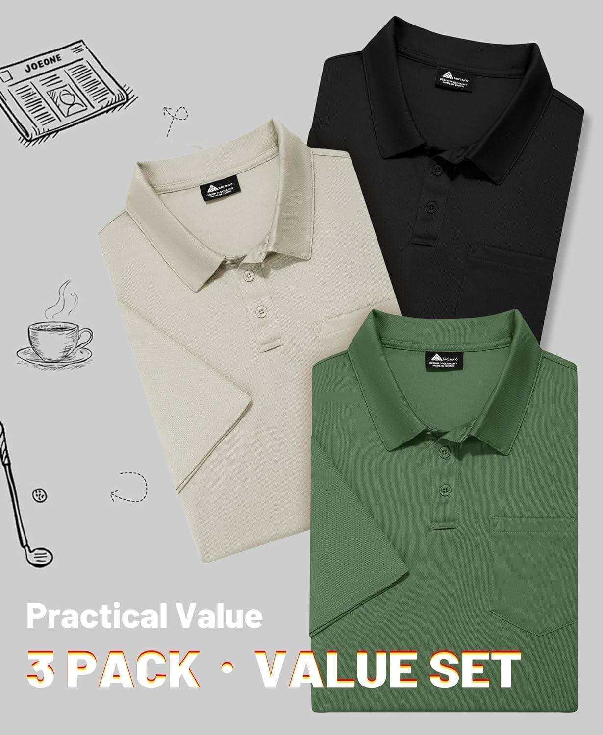 imageZITY Mens 3 Pack Polo Shirts Short Sleeve with Pocket Moisture Wicking Casual Work Golf Lightweight Collared TShirtsApricotarmy Greenblack