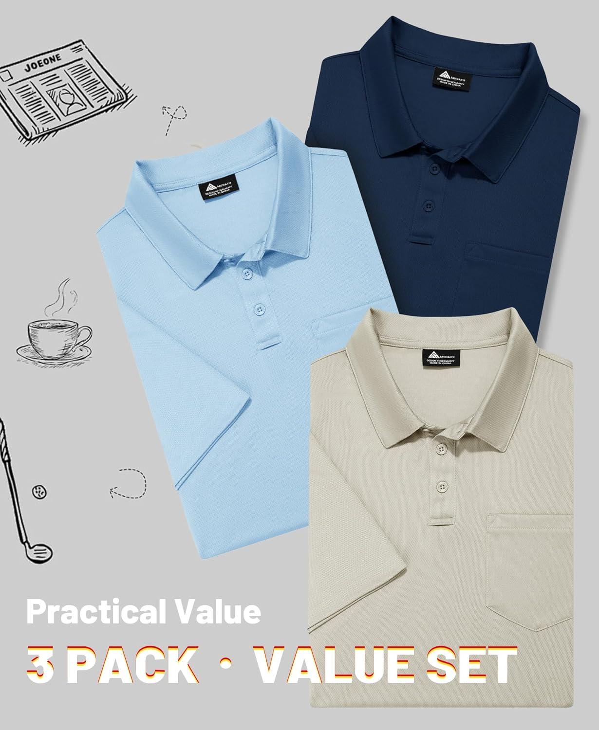 imageZITY Mens 3 Pack Polo Shirts Short Sleeve with Pocket Moisture Wicking Casual Work Golf Lightweight Collared TShirtsApricotnavylight Blue