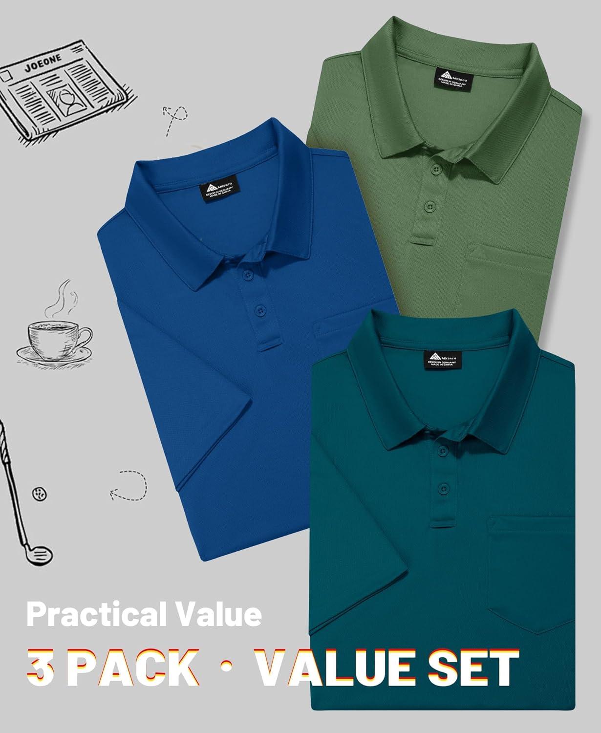 imageZITY Mens 3 Pack Polo Shirts Short Sleeve with Pocket Moisture Wicking Casual Work Golf Lightweight Collared TShirtsArmy Greenroyal Bluedark Teal Blue