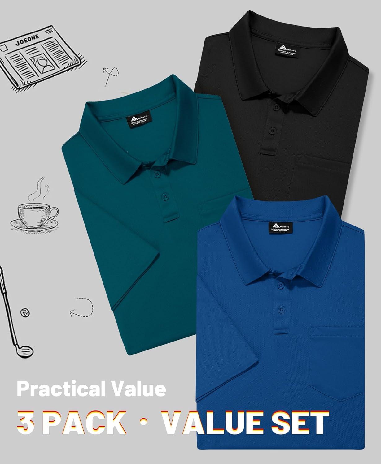 imageZITY Mens 3 Pack Polo Shirts Short Sleeve with Pocket Moisture Wicking Casual Work Golf Lightweight Collared TShirtsBlackdark Teal Blueroyal Blue