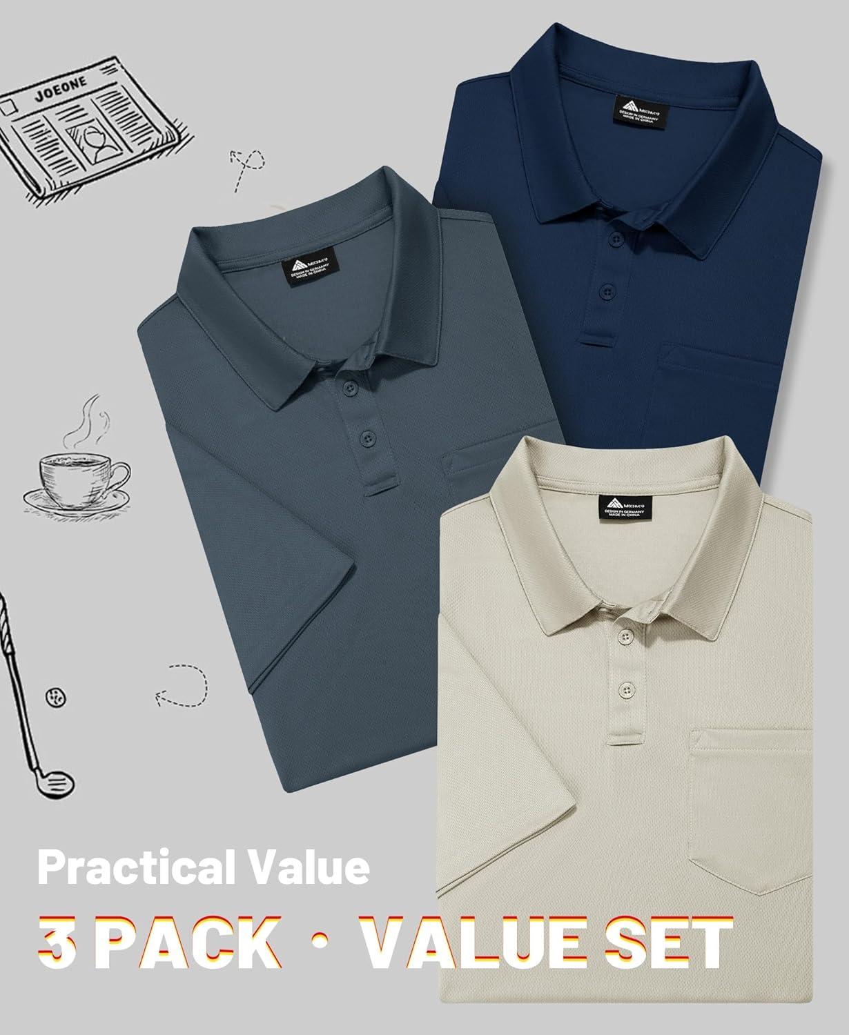 imageZITY Mens 3 Pack Polo Shirts Short Sleeve with Pocket Moisture Wicking Casual Work Golf Lightweight Collared TShirtsBlackgreyapricot