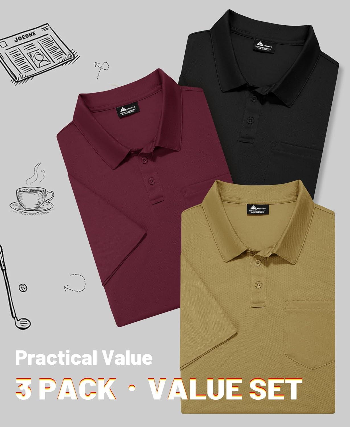 imageZITY Mens 3 Pack Polo Shirts Short Sleeve with Pocket Moisture Wicking Casual Work Golf Lightweight Collared TShirtsBlackkhakiwine Red