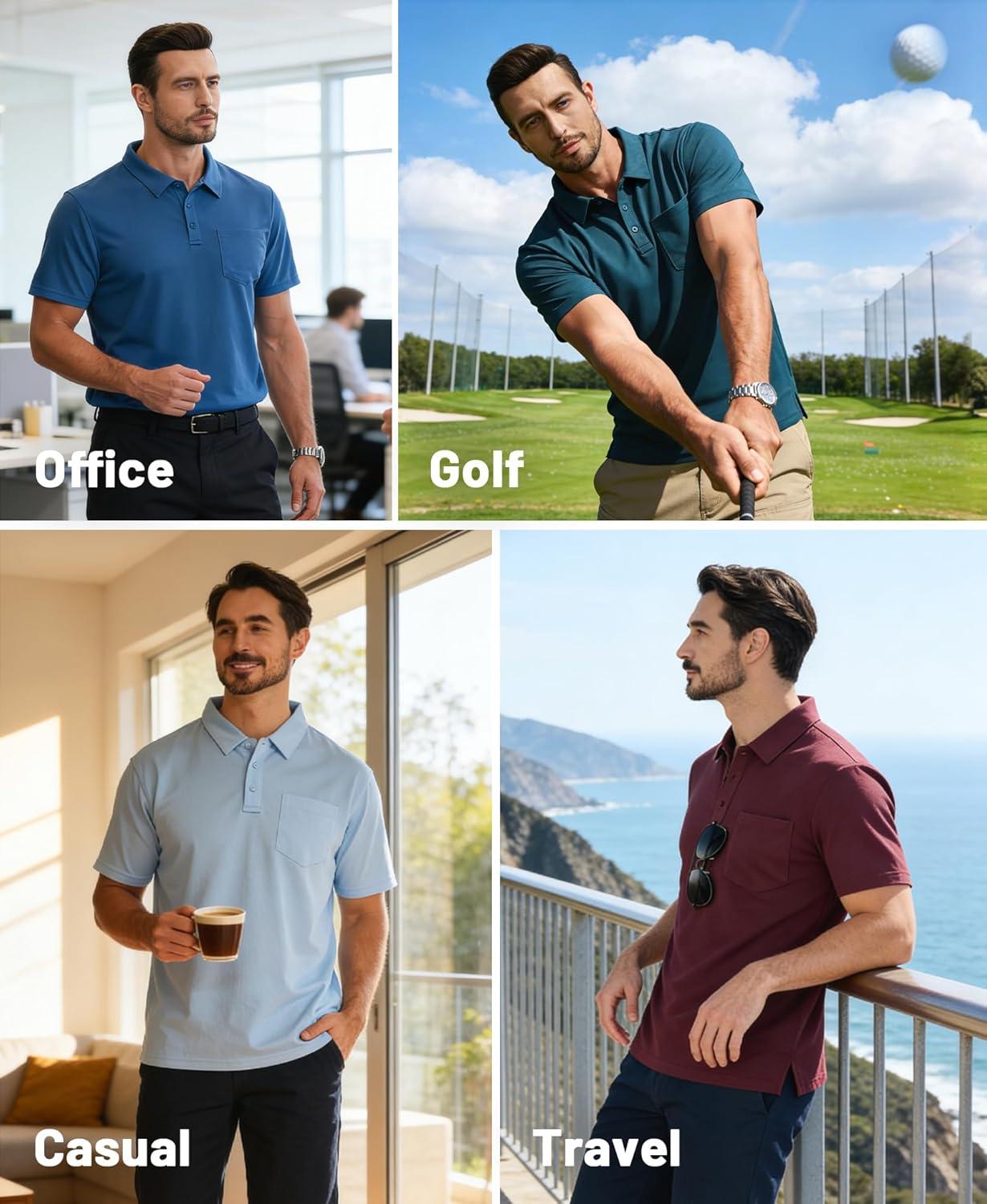imageZITY Mens 3 Pack Polo Shirts Short Sleeve with Pocket Moisture Wicking Casual Work Golf Lightweight Collared TShirtsDark Teal Blueblackwine Red
