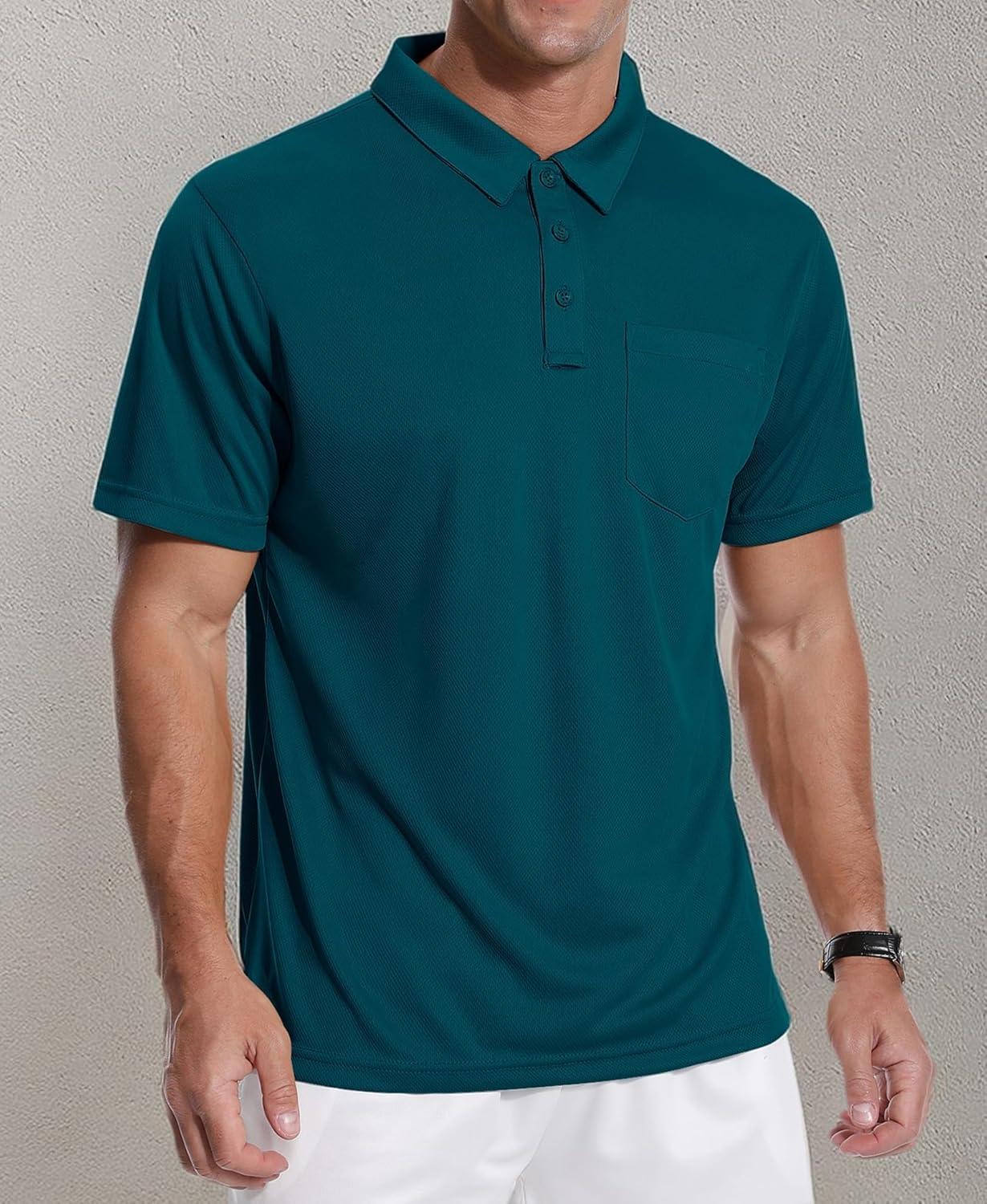 imageZITY Mens 3 Pack Polo Shirts Short Sleeve with Pocket Moisture Wicking Casual Work Golf Lightweight Collared TShirtsDark Teal Blueblackwine Red