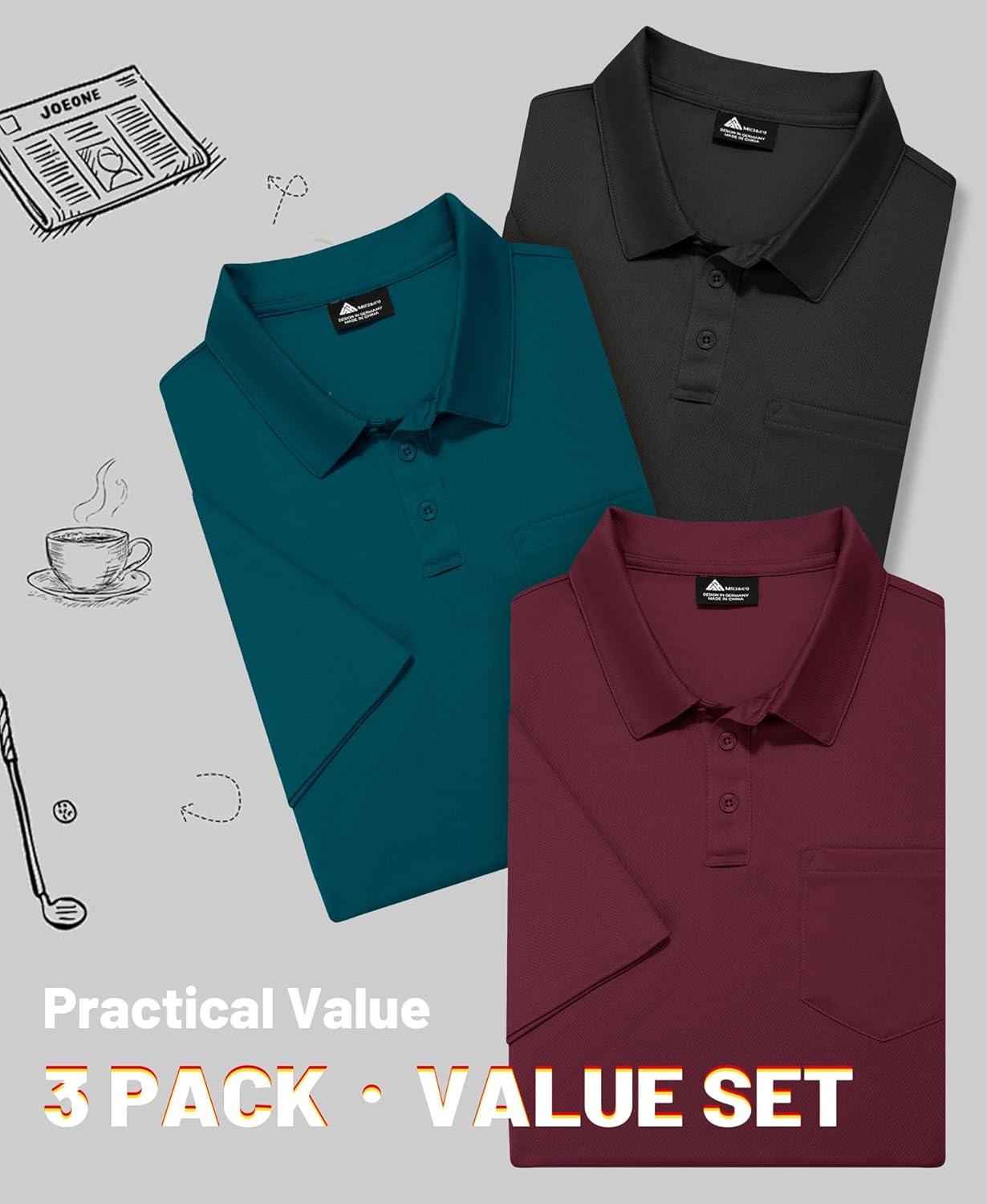 imageZITY Mens 3 Pack Polo Shirts Short Sleeve with Pocket Moisture Wicking Casual Work Golf Lightweight Collared TShirtsDark Teal Blueblackwine Red