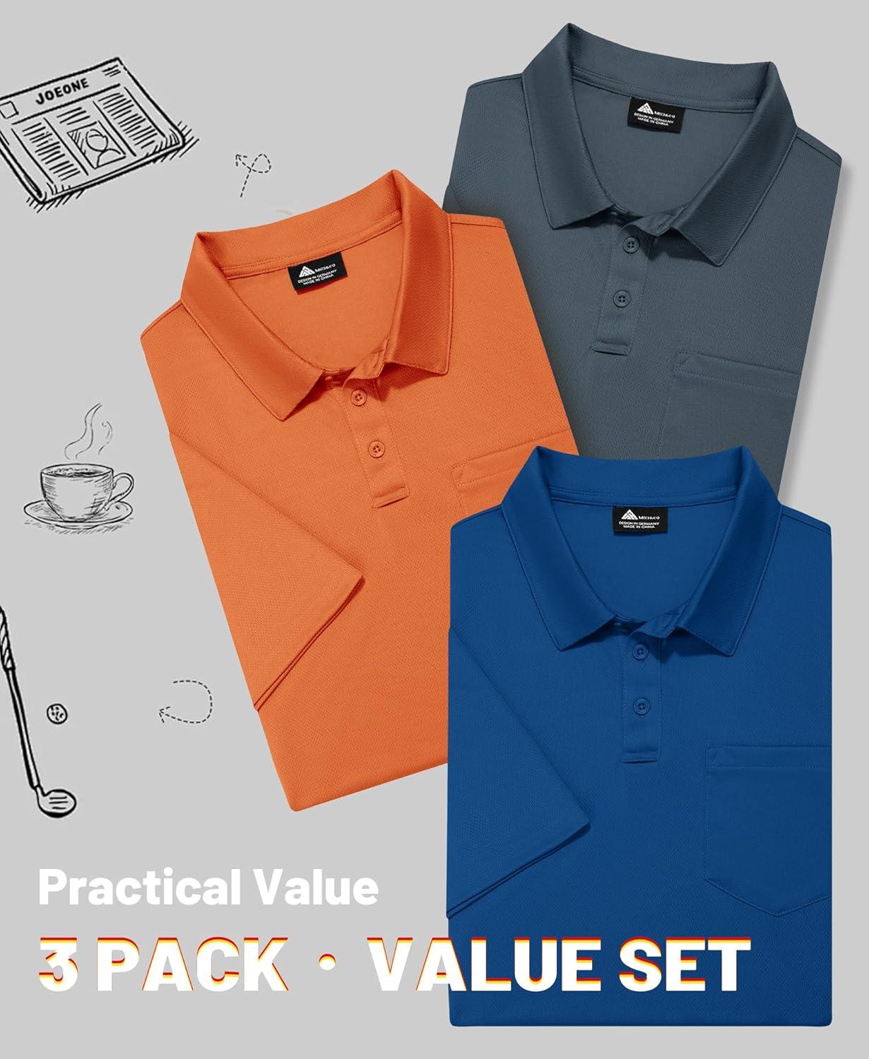 imageZITY Mens 3 Pack Polo Shirts Short Sleeve with Pocket Moisture Wicking Casual Work Golf Lightweight Collared TShirtsGreydark Orangeroyal Blue