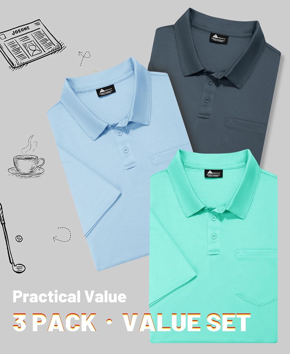 imageZITY Mens 3 Pack Polo Shirts Short Sleeve with Pocket Moisture Wicking Casual Work Golf Lightweight Collared TShirtsGreylight Blueemerald Blue