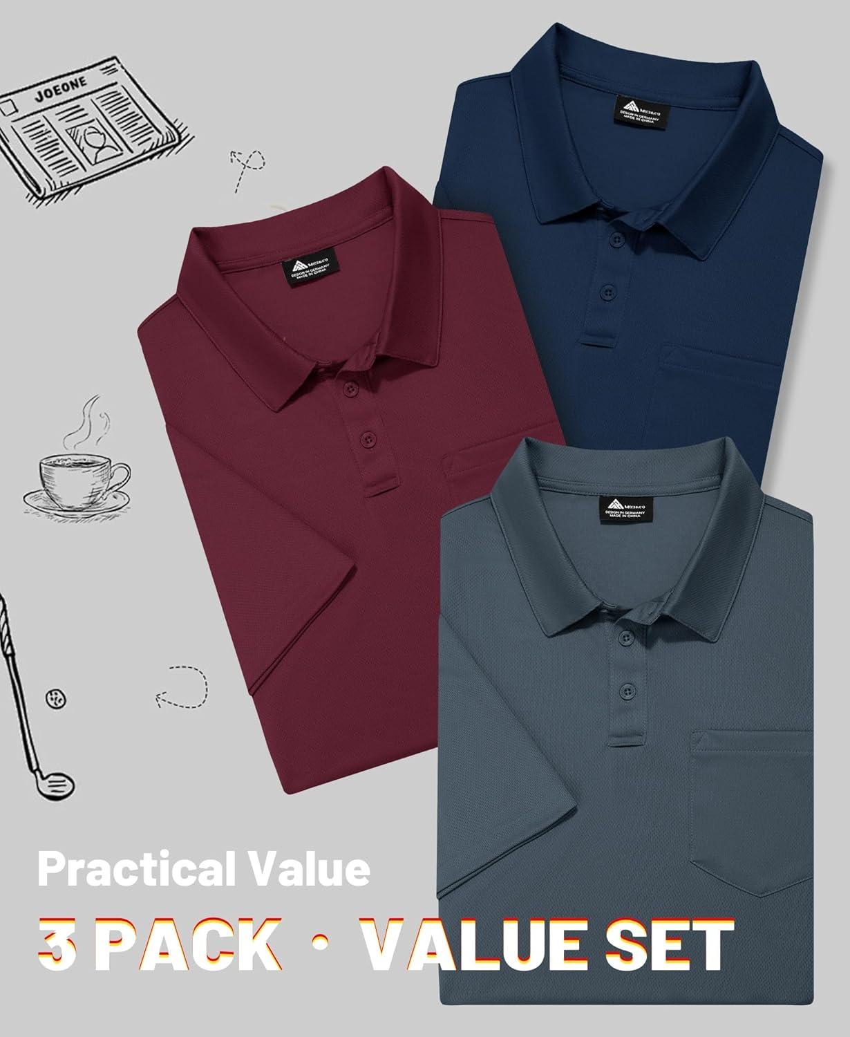 imageZITY Mens 3 Pack Polo Shirts Short Sleeve with Pocket Moisture Wicking Casual Work Golf Lightweight Collared TShirtsGreywine Rednavy