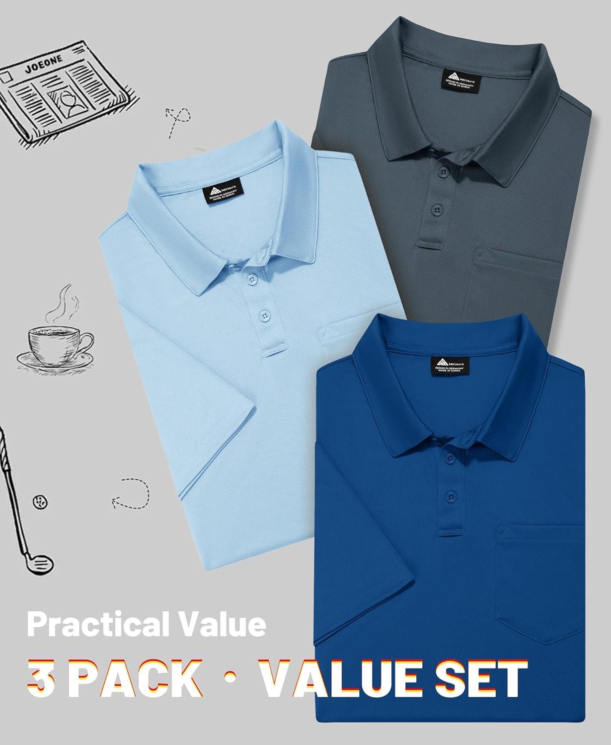 imageZITY Mens 3 Pack Polo Shirts Short Sleeve with Pocket Moisture Wicking Casual Work Golf Lightweight Collared TShirtsLight Bluegreyroyal Blue