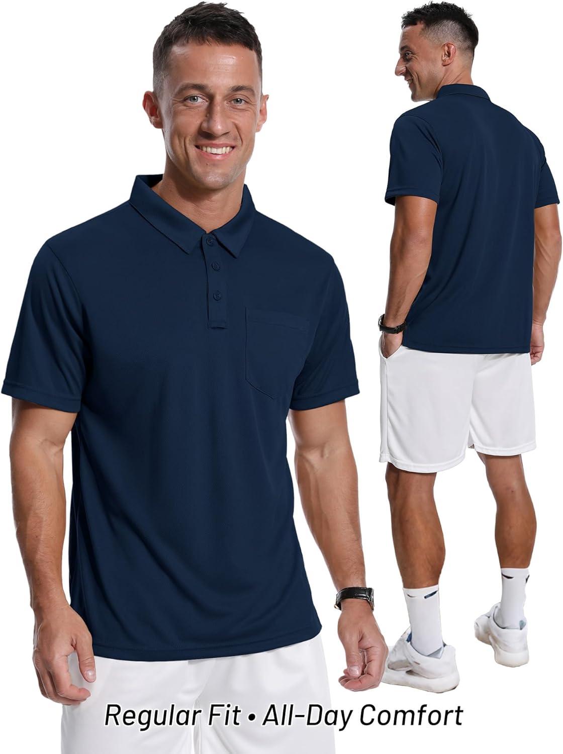 imageZITY Mens 3 Pack Polo Shirts Short Sleeve with Pocket Moisture Wicking Casual Work Golf Lightweight Collared TShirtsNavygreydark Teal Blue